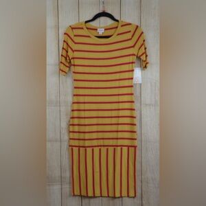 LuLaRoe Julia Yellow and Red Striped Midi Dress